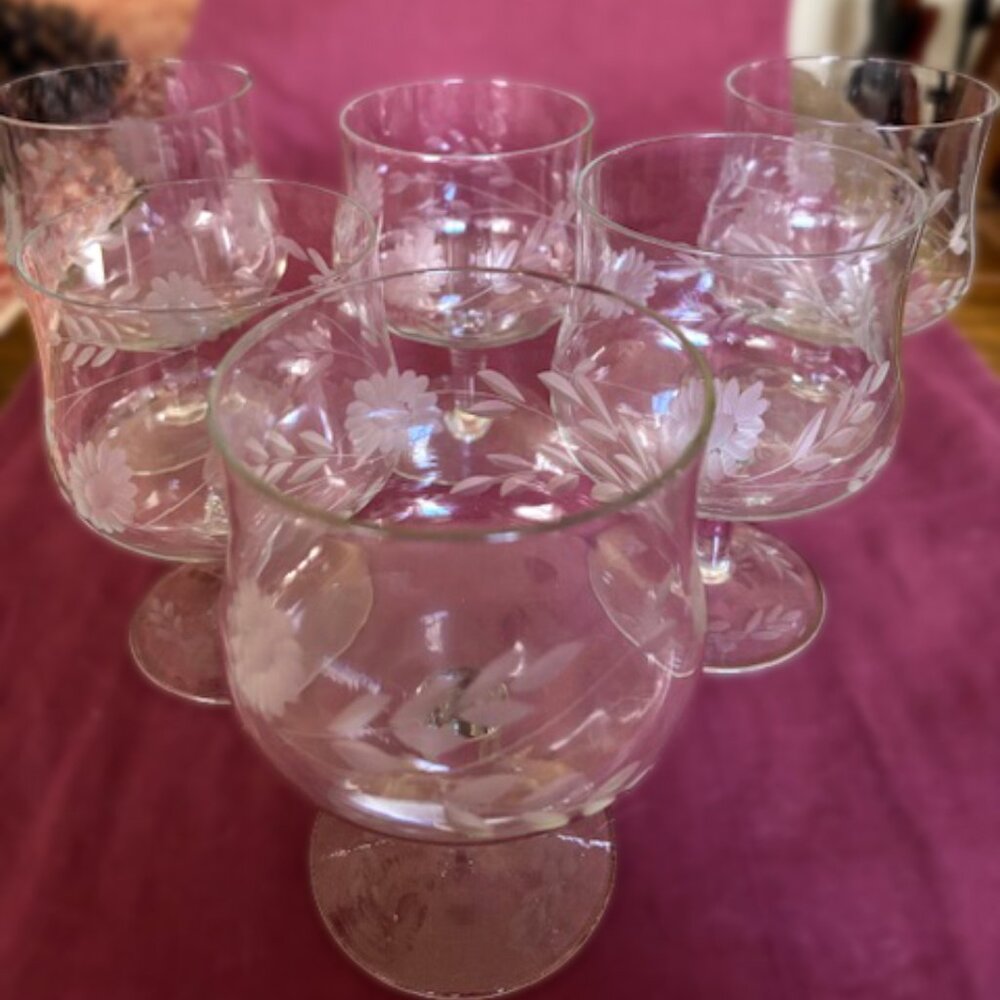Vintage Libbey Etched Glass Brandy Snifter/Cocktail Glasses, 6oz